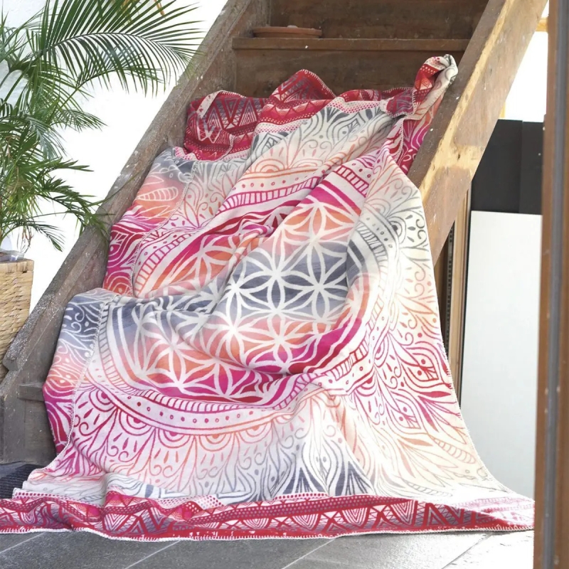 Kuscheldecke Blume des Lebens rot/bunt